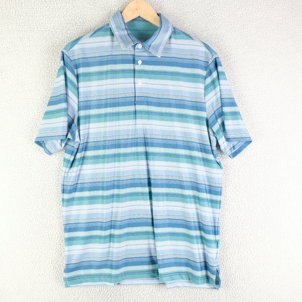 Hickey Freeman Polo Mens Medium Green Blue Striped Short Sleeve Golf Athletic